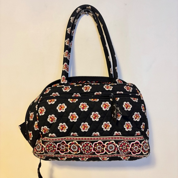 Vera Bradley Zip Closure Duffel Shoulder Bag Black Orange Pirouette Medium Size - Picture 2 of 4